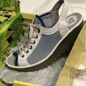 Fly London YEDU 158 Mousse ( Knitt)sneaker lace, blue and white wedge sandal NEW